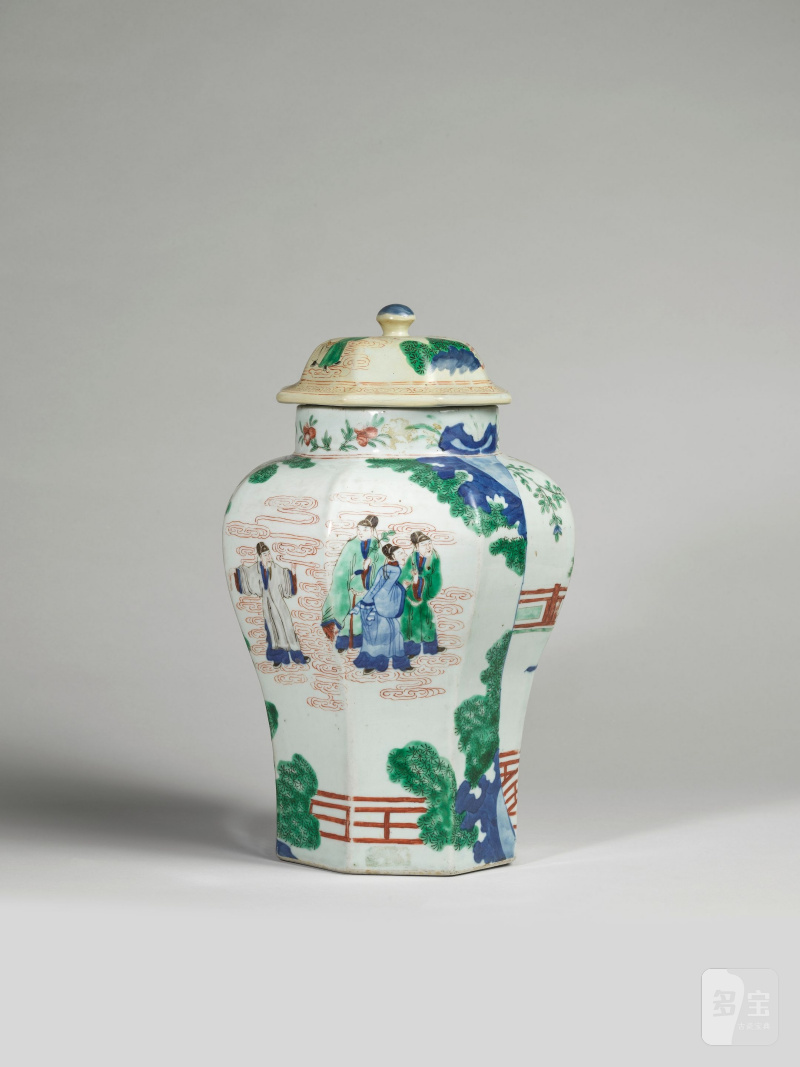 過渡期 十七世紀 五彩人物圖八方蓋罐一對 | PAIRE DE VASES BALUSTRE EN PORCELAINE WUCAI - 图4